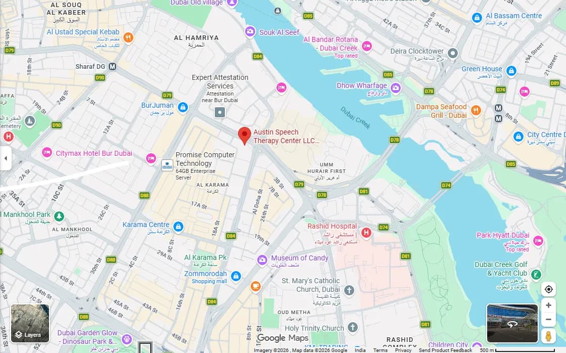 Map showing Austin Center location in Karama, Dubai